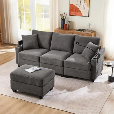 Produktbild von Ecksofa mit Hocker, USB, Typ-C, Zierkissen, Rückenlehnen, Armlehnen und Federkern, L-Form, Polstersofa, Loungesofa, Cordstoff