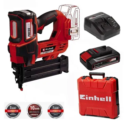 A collage of a cordless nail gun, its battery, charger, and carrying case, along with warranty badges.