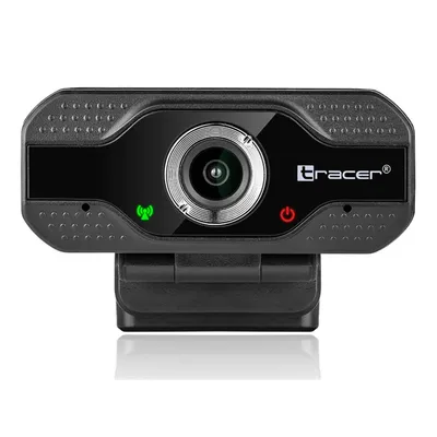 A black Tracer webcam is shown from the front, mounted on a black stand, against a white background.