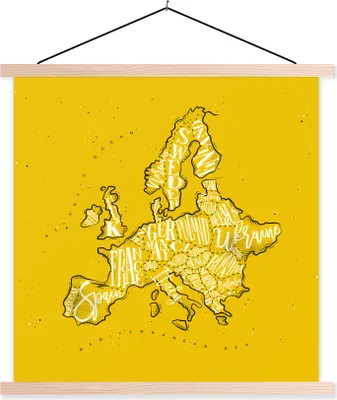 Produktbild von MuchoWow® Textilposter Karte - Europa - Gelb - Weiß 120x120 cm mit holzfarbenen Rahmen - Textil-Poster