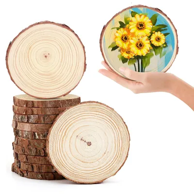 Zdjęcie produktu dla 12 okrągłych, naturalnych drewnianych elementów, o średnicy 8-10 cm, idealnych do dekoracji