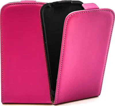 A pink flip-style phone case is shown open, revealing the black interior where a phone would be placed. The case is made of a smooth material and has visible stitching along the edges.
