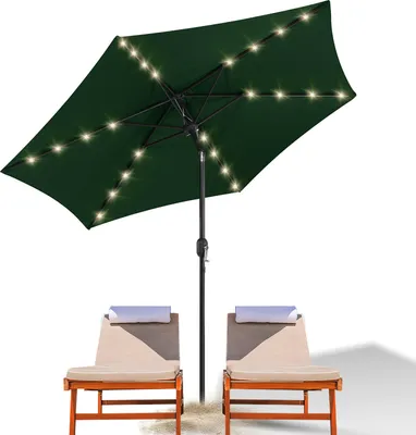 Zdjęcie produktu dla Parasol Clanmacy typu „ampel” 270 cm z oświetleniem LED zasilanym energią słoneczną, z możliwością pochylania o 30°, z ochroną przed promieniowaniem UV, z korbą – zielony – parasol ogrodowy, parasol targowy, parasol z korbą