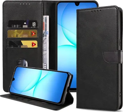 Obrázok produktu pre Vhodné pre telefón Samsung Galaxy A17 Puzdro z umelej kože s magnetickým perom a držiakom kariet Puzdro typu kniha s chlopňou - peňaženkové puzdro s priehradkou na karty - čierne - Smartphonica