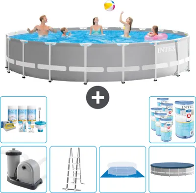 Produktbild von Intex Round Prism Frame Swimming Pool – 610 x 132 cm – Grau – inklusive Pumpe – Leiter – Bodenplane – Abdeckung Wartungspaket - Filter