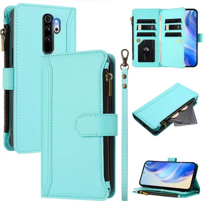 Produktbild von Handyhülle für Xiaomi Redmi Note 8 Pro Reißverschluss Geldbörse Kunstleder Klapphülle mit Kartensteckplatz, Ständer, Handschlaufe Türkis
