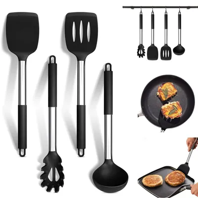 Productafbeelding van Koken met 4-delig siliconen keukengerei set met RVS handvatten
