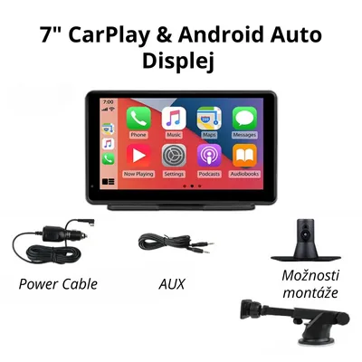 Obrázok produktu pre 7" CarPlay & Android Auto Displej – Bezdrôtový Smart Screen Multimediálny Prehrávač s Dotykovou Obrazovkou, 360° Držiakom, Hlasovým Ovládaním & AUX