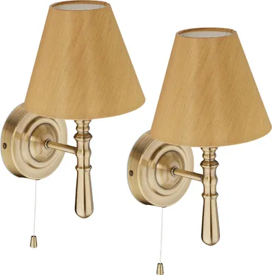 Produktbild von Relaxdays Wandlampe mit Schirm, 2er Set, Zugschalter, Flur & Wohnzimmer, E14, Stoff, Metall, HxBxT: 28x16x19 cm, messing
