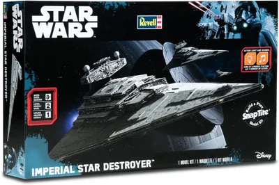 Produktbild von Revell 11638 Star Wars Imperial Star Destroyer, Raumschiff, mit Licht und Sound, Modellbausatz 46 Teile, 8 positionierbare Geschütztürme, beleuchtete Motoren, integrierter Klappständer.