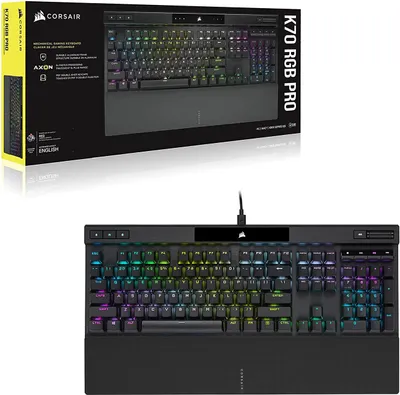 A product shot of a Corsair K70 RGB PRO gaming keyboard and its packaging.