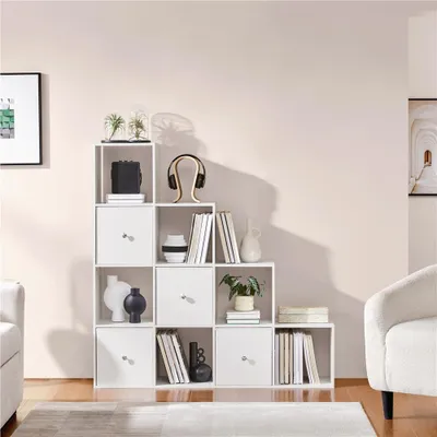 Produktbild von Yaheetech Bücherregal mit 10 Würfeln, Raumteiler Treppenregal für Spielzeuge, 4 Aufbewahrungskörbe, Würfelregal Stufenregal, Weiß