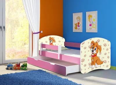 Image de ACMA lit d'adolescent lit d'enfant lit junior set complet avec matelas sommier à lattes et protection contre les chutes rose 11 chiot 160x80 + coffre de lit