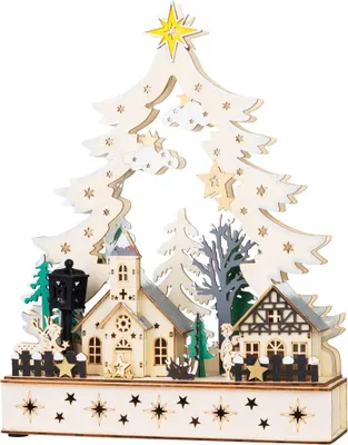 Produktbild von LED Holzdekoration - Dorf, 12 warmweiße LEDs, 25 x 7,5 x 32 cm
