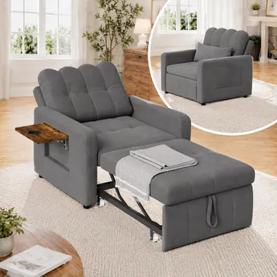 Imagen del producto de INONEFT: Sillón reclinable 3 en 1 con función de cama, sofá cama, sillón reclinable con respaldo ajustable en 5 posiciones, sofá cama para invitados, tejido de chenilla, color gris