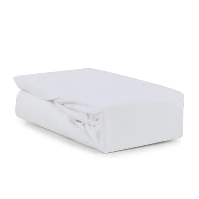 A folded white fitted sheet on a white background.
