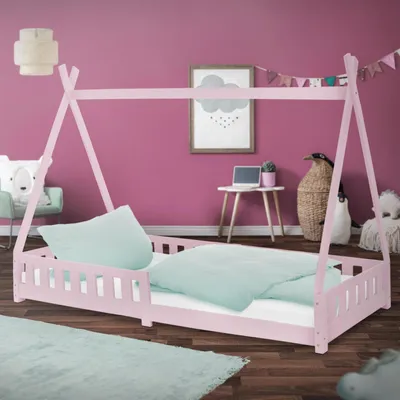 Obrázok produktu pre ML-Design detská posteľ tipi 90x200 cm s ochranou proti vypadnutiu a lamelovým rámom, ružová, z borovicového dreva, posteľ s ohrádkou, podlahová posteľ, drevená posteľ