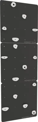 Three black climbing wall panels with white climbing holds, stacked vertically.