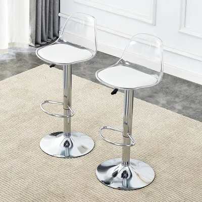 Image de Lot de 2 tabourets de bar réglables en hauteur, dossier transparent, pieds en métal argenté, avec repose-pieds