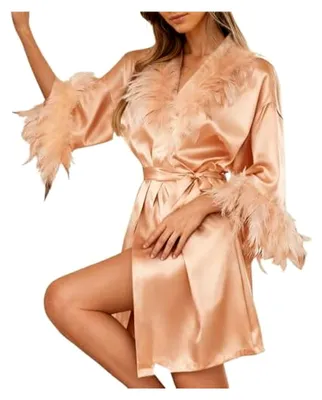Produktbild von Damen Morgenmantel aus Satin, kurzer Satin Morgenmantel für Bräute, leichte Kimono Robe mit Gürtel