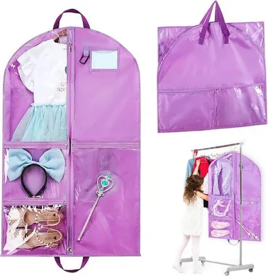 Image de Housse de rangement pour vêtements d'enfant Unyqoos® avec 5 compartiments, sac de rangement pliable de 100 x 60 cm, fenêtre transparente, en Oxford, imperméable et anti-poussière, fermeture éclair en métal inoxydable