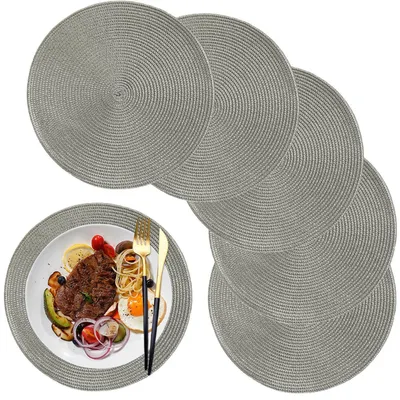 Zdjęcie produktu dla Podkładki pod talerze, szare, okrągłe, zmywalne, odporne na wysokie temperatury, zestaw 6 sztuk, średnica 32 cm