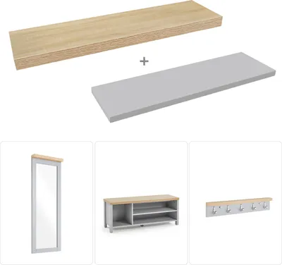 Produktbild von Mondeer Garderobenset Schuhbank Wandspiegel und Garderobenständer mit 5 Haken Set Holz Moderner Stil Grau