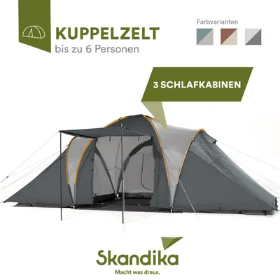 Produktbild von Skandika Kuppelzelt Daytona 6 Personen | Familienzelt mit 3 Schlafkabinen, 3000 mm Wassersäule, 195 cm Stehhöhe, Moskitonetze, Sonnensegel | Camping