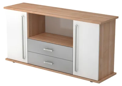 Produktbild von bümö office Sideboard mit 2 Schübe & 2 Türen - Griff: Chromgriff, Nachbildung: Nussbaum/Weiß
