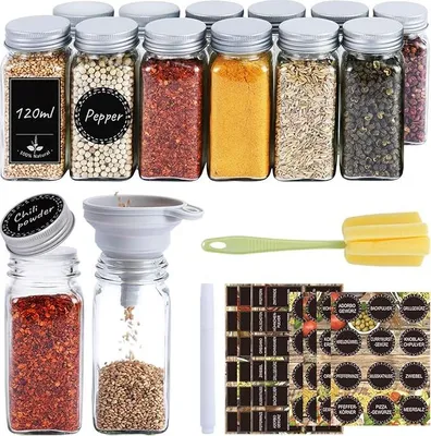 Produktbild von Quadratisches Gewürzgläser-Set mit Deckel [12 x 120 ml], stabile Gewürzflaschen aus Kunststoff, luftdicht, Gewürzgläser mit Stopfen, Gewürzgläser mit 36 ​​Etiketten, Gewürz-Organizer