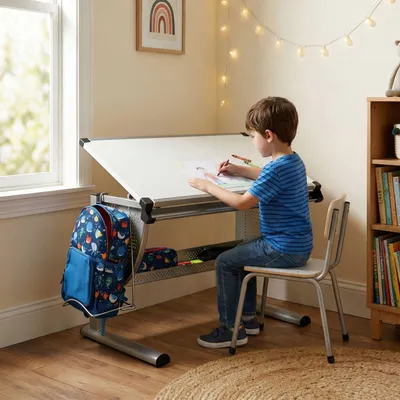 Produktbild von Kinderschreibtisch SARI höhenverstellbar in weiß/alu, Schreibtisch für Kinder neigbar mit Rille für Stifte, Schülerschreibtisch mit Ablage und Rucksackhalterung
