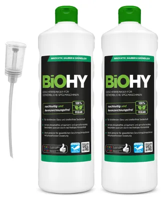 Produktbild von BiOHY Geschirrreiniger für gewerbliche Spülmaschinen (2x1l Flasche) + Dosierer | PHOSPHATFREI |Konzentrat für Gastronomie | strahlender Glanz durch herausragende Fettlöseformel