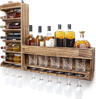 Produktbild von Holzweinregal – Wandregal mit Holzhalter, für Weingläser und Whiskygläser – Vintage-Stil für den Wohnbereich