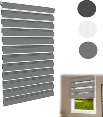 A product shot of a grey zebra blind with samples of different colors shown.