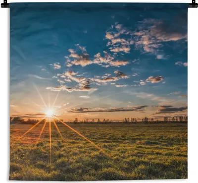 Produktbild von MuchoWow® Wandteppich Wandbehang Sonnenuntergang - Natur - Wolken - Gras 90x90 cm Tapisserie Dekoration Wandtuch - Wandaufhänger