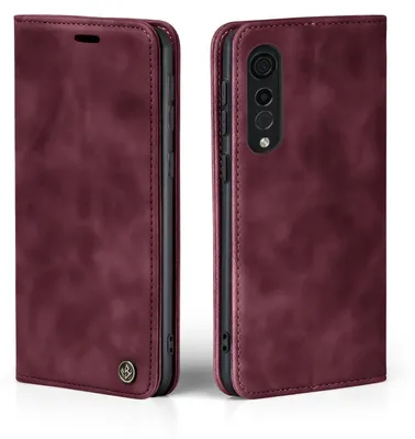 A burgundy flip case for a smartphone is shown from two angles, front and back.