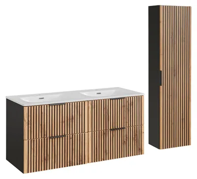 Produktbild von Doppelwaschtisch und Hängesäule 120.4cm Gaia mit 2 Schubladen, Eichenoptik und Schwarz