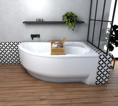 Image de ECOLAM Baignoire d'angle Wela 160x100 cm droite + tablier | Planche en bambou | Pieds siphon silicone | Set complet