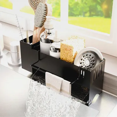 Produktbild von Schwammhalter Spülbecken - Metall Spülbecken Organizer, Spülschwammhalter mit Verlängerter Abtropffläche, Spüllappenhalter und Bürstenhalter, Multifunktionaler für Badezimmer und Küche Organizer