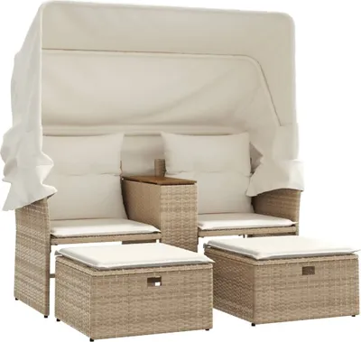 A beige poly rattan garden sofa with a canopy and two ottomans, presented on a white background.