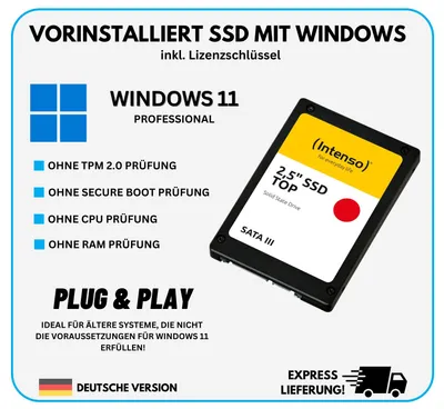Produktbild von 2TB SSD Festplatte mit vorinstallierten Windows 11 Professional PRO ohne TPM für PC Laptop Notebook