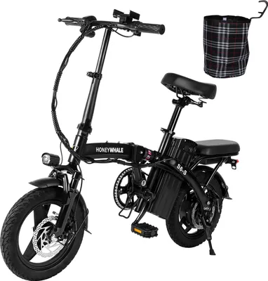 A black folding electric bicycle with a basket attached to the handlebars, shown against a white background.