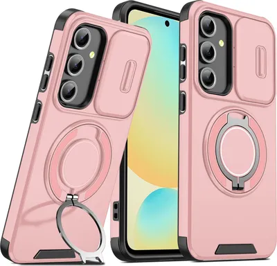 Obrázek produktu pro Dvouvrstvé pouzdro pro Samsung Galaxy S24 FE, s posuvným krytem fotoaparátu a magnetickým kroužkovým stojánkem Růžový