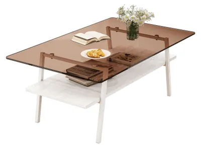 Produktbild von Couchtisch rechteckig, gehärtetes Glas, Metallbeine, Weiß/Braun, 98x58x42,5 cm