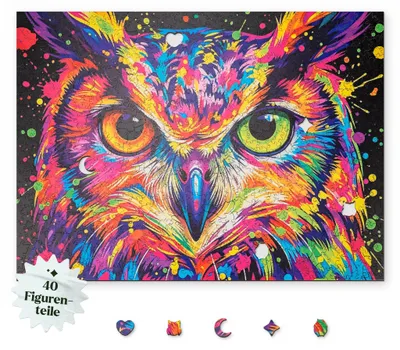 Produktbild von Holzpuzzle Eule Bunt 1000 Teile, inklusive 40 einzigartiger Spezialteile