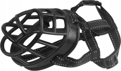A black dog muzzle with straps is shown against a white background.