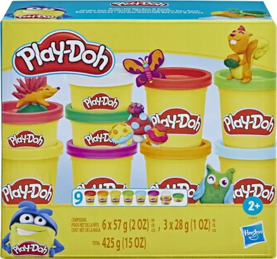 A box of Play-Doh with various containers and animal figures.