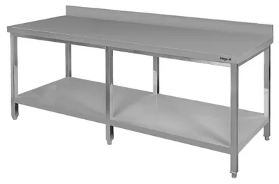 Zdjęcie produktu dla Stół gastronomiczny ze stali nierdzewnej Mega-M przyścienny z półką i 6 nogami 220x80x85cm