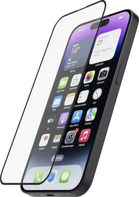 A screen protector is shown partially covering an iPhone 14 Pro.