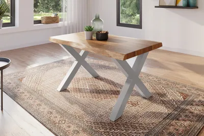 Produktbild von Esstisch 140 x 80 cm Akazie massiv natur Baumkantentisch X-Gestell silber ATLAS